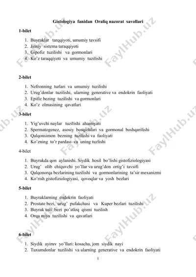 gistologiya fanidan oraliq nazorat savollari — DOCX