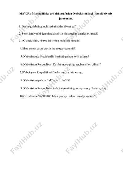 mustaqillikka erishish arafasida o‘zbekistondagi ijtimoiy-siyosiy jarayonlar — DOCX