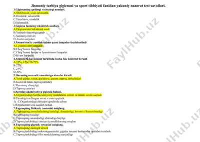jismoniy tarbiya gigienasi va sport tibbiyoti fanidan yakuniy nazorat test savollari — DOC