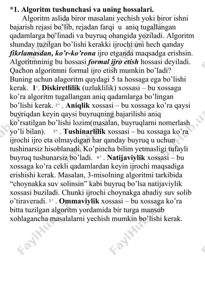 algoritm tushunchasi va uning hossalari — DOCX