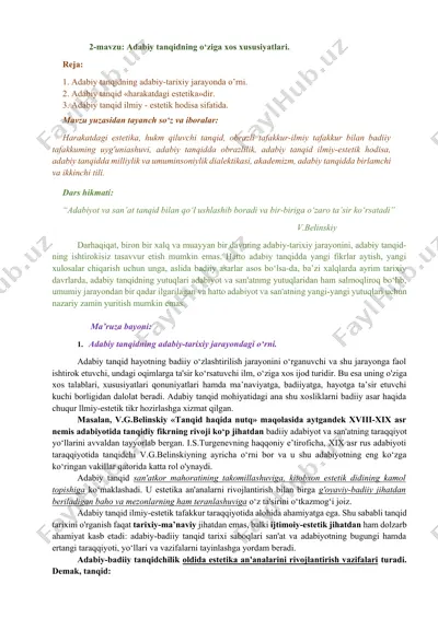 adabiy tanqidning o‘ziga xos xususiyatlari — DOCX