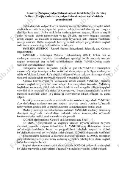 xalqaro yodgorliklarni saqlash tashkilotlari va ularning faoliyati — DOCX