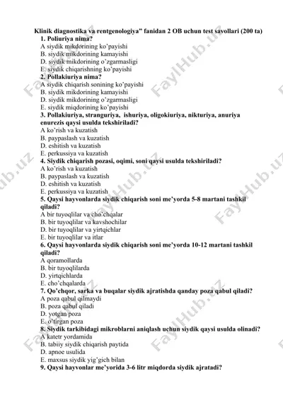 klinik diagnostika va rentgenologiya uchun 2 ob uchun test savollari (200 ta) — DOC