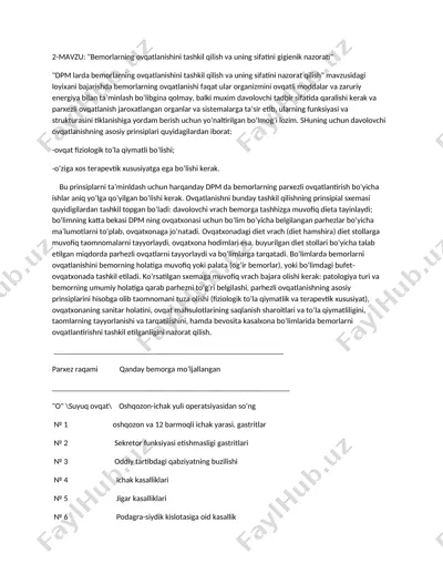 bemorlarning ovqatlanishini tashkil qilish va uning sifatini gigienik nazorati — DOCX