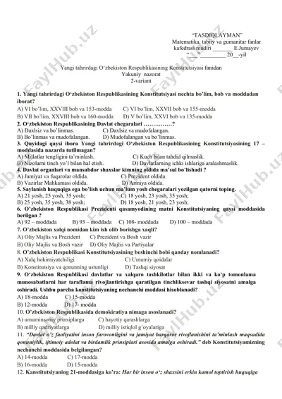 yangi tahrirdagi o‘zbekiston respublikasining konstitutsiyasi fanidan — DOCX