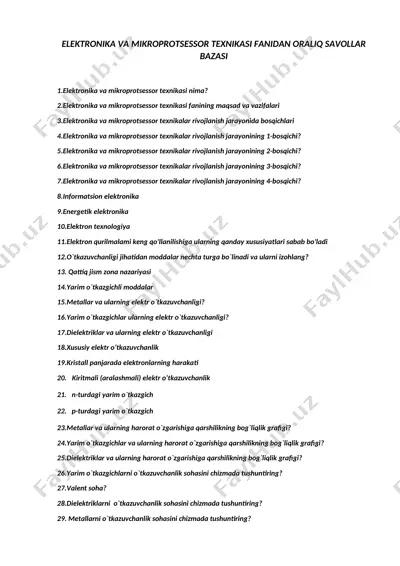 elektronika va mikroprotsessor texnikasi fanidagi oralik savollar bazasi — DOCX