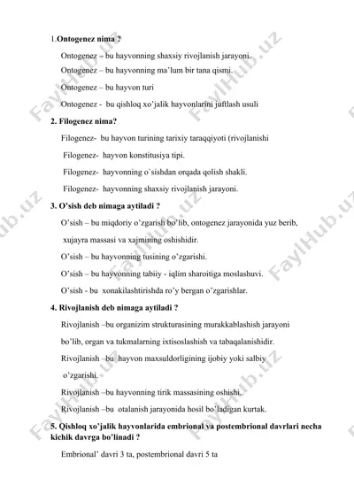 ontogenez, filogenez, o‘sish va rivojlanish haqida ma'lumotlar — DOCX