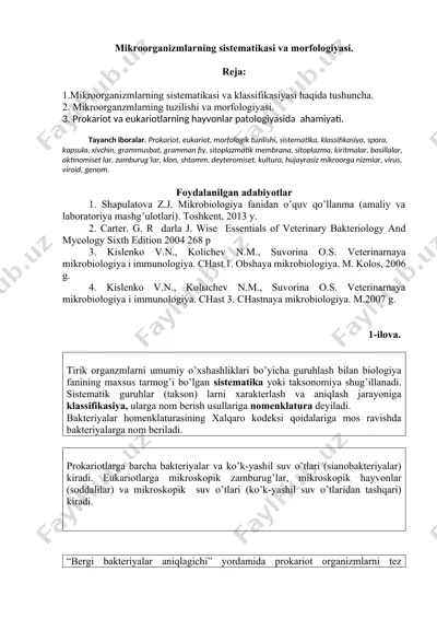 mikroorganizmlarning sistematikasi va morfologiyasi — DOCX