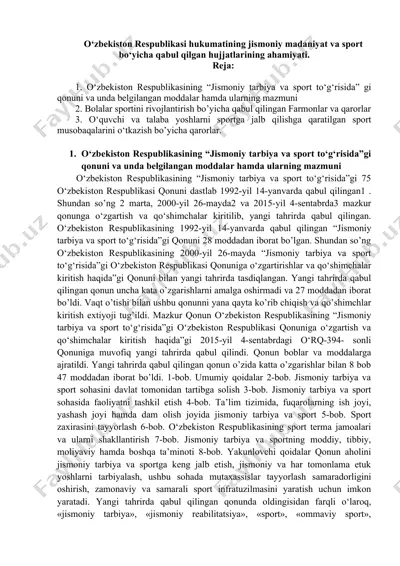 o‘zbekiston respublikasi "jismoniy tarbiya va sport to‘g‘risida"gi qonuni va unda belgilangan moddalar — DOCX