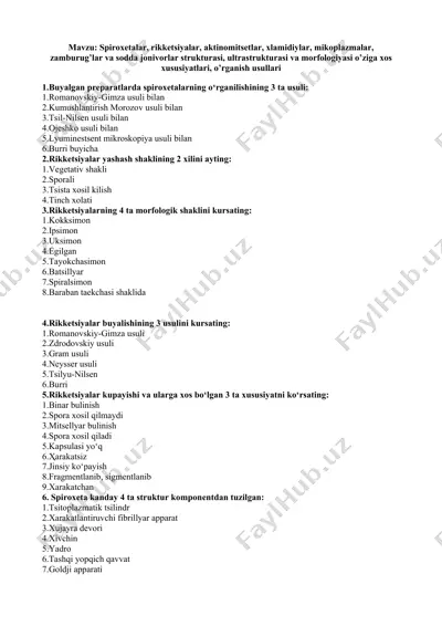 spiroxetalar, rikketsiyalar, aktinomitsetlar, xlamidiylar, mikoplazmalar, zamburug’lar va sodda jonivorlar strukturasi, ultrastrukturasi va morfologiyasi — DOCX