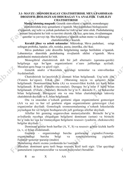 monoduragay chatishtirish. meva pashshasi - drosophila biologiyasi diduragay va analitik tahliliy chatishtirish — DOCX