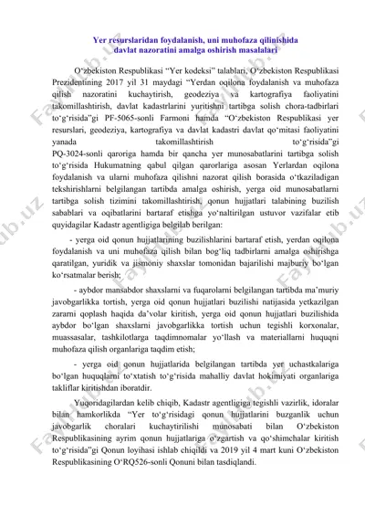 yer resurslaridan foydalanish, uni muhofaza qilinishida davlat nazoratini amalga oshirish masalalari — DOCX