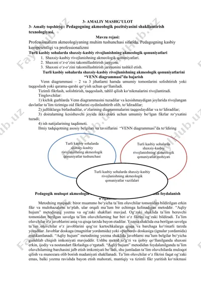 pedagogning akmeologik pozitsiyasini shakllantirish texnologiyasi — DOCX