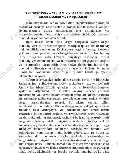 o‘zbekistonda a yerdan foydalanishni tarixiy shakllanishi va rivojlanishi — DOCX
