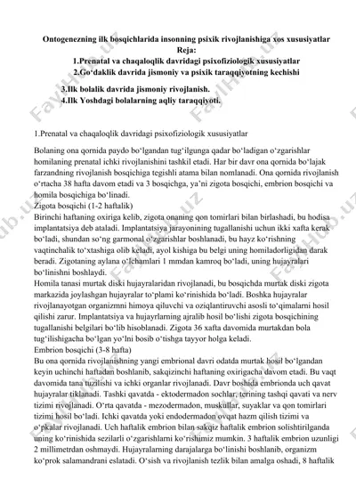 ontogenezning ilk bosqichlarida insonning psixik rivojlanishiga xos xususiyatlar — DOCX