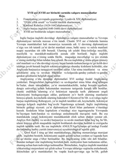 diplomatiyada xalqaro munosabatlar va ingliz burjua inqilobi — DOCX