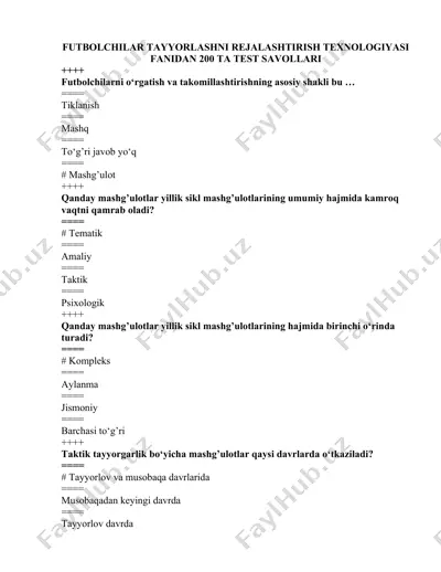 futbolchilar tayyorlashni rejalashtirish texnologiyasi fanidan 200 ta test savollari — DOCX