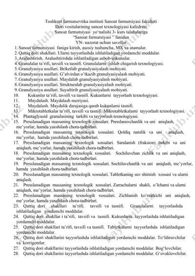 sanoat farmatsiyasi fanidan yn-nazorat uchun savollar — DOCX
