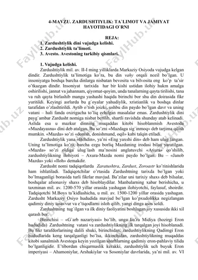 zardushtiylik: ta'limot va jamiyat hayotidagi o'rni — DOCX