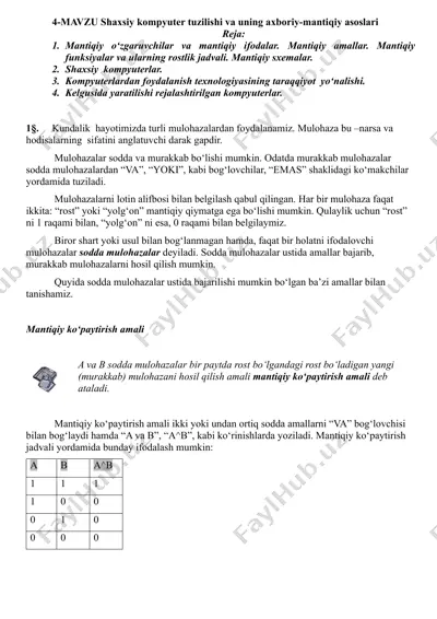 shaxsiy kompyuter tuzilishi va uning axboriy-mantiqiy asoslari — DOCX