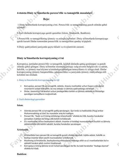 diniy ta'limotlarda poraxo'rlik va tamagirlik masalalari — DOCX