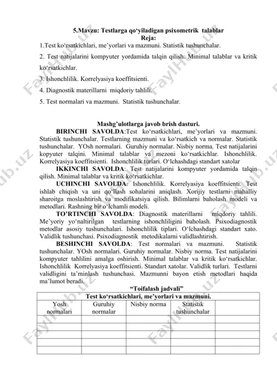 testlarga qo‘yiladigan psixometrik talablar — DOCX