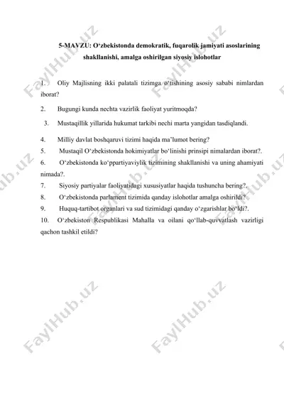 o‘zbekistonda demokratik, fuqarolik jamiyati asoslarining shakllanishi, amalga oshirilgan siyosiy islohotlar — DOCX