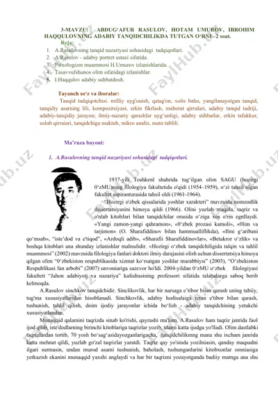 abdug‘afur rasulov, hotam umurov, ibrohim haqqulovning adabiy tanqidchilikda tutgan о‘rni — DOCX