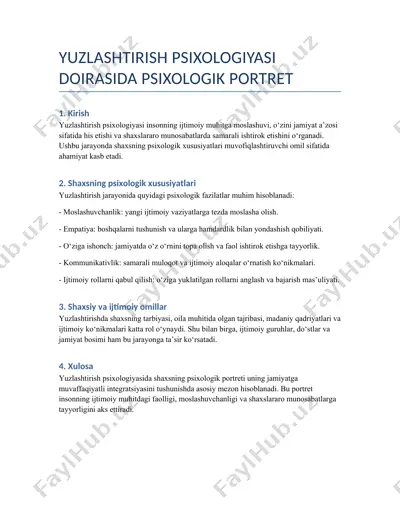 yuzlashtirish psixologiyasi doirasida psixologik portret — DOCX