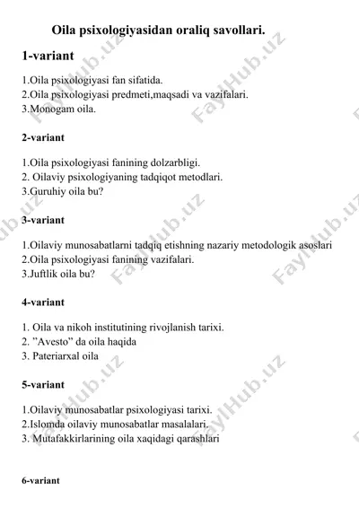 oila psixologiyasidan oraliq savollari — DOCX