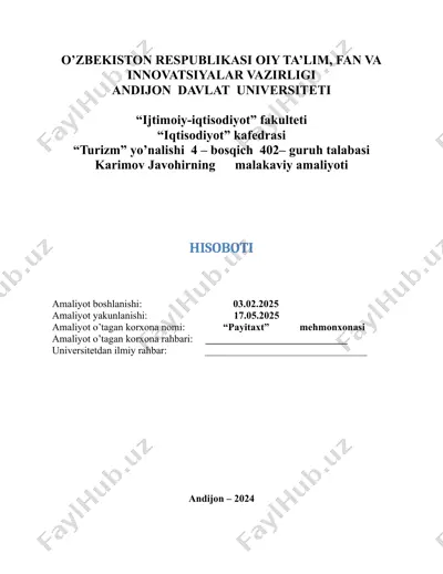 mehmonxona hisoboti "turizm" yo'nalishi — DOCX