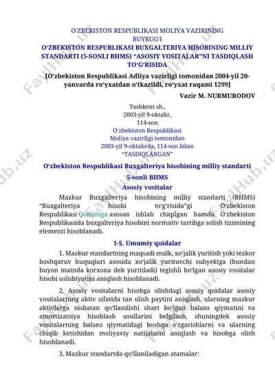 o‘zbekiston respublikasi buxgalteriya hisobining milliy standarti (5-sonli bhms) “asosiy vositalar” — DOCX