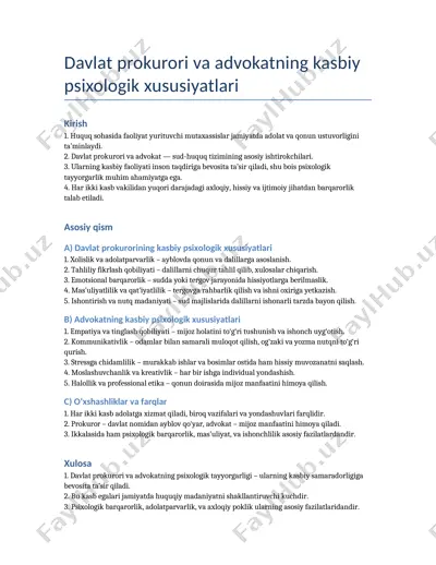 davlat prokurori va advokatning kasbiy psixologik xususiyatlari — DOCX