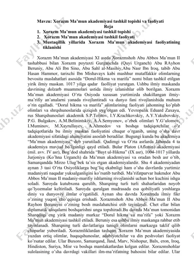 xorazm ma’mun akademiyasi tashkil topishi va faoliyati — DOC