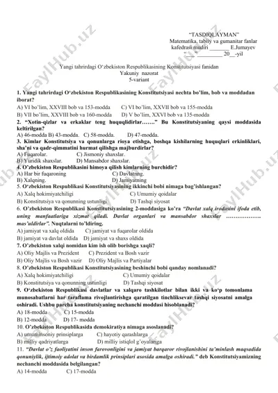 konstitutsiya fanidan nazorat test savollari — DOCX