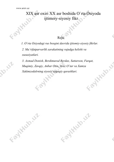xix asr oxiri xx asr boshida o`rta osiyoda ijtimoiy-siyosiy fikr — DOC