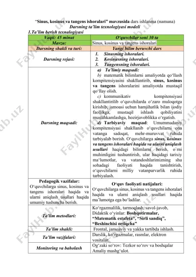 sinus, kosinus va tangens ishoralari — DOCX