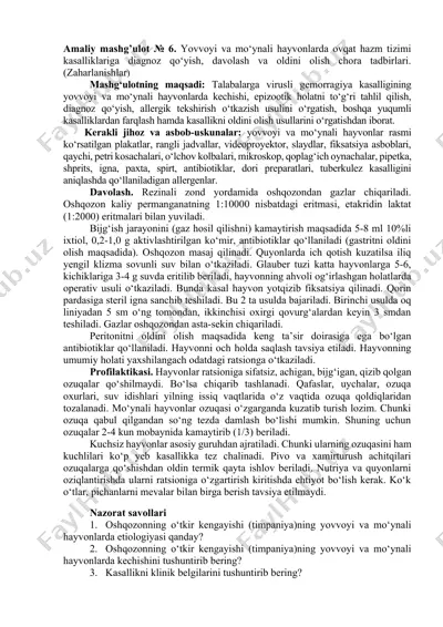yovvoyi va mo‘ynali hayvonlarda ovqat hazm tizimi kasalliklariga diagnoz qo‘yish, davolash va oldini olish chora tadbirlari — DOCX