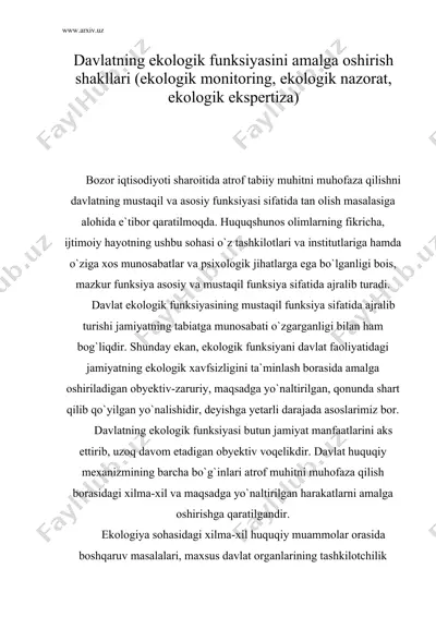 davlatning ekologik funksiyasini amalga oshirish shakllari (ekologik monitoring, ekologik nazorat, ekologik ekspertiza) — DOC