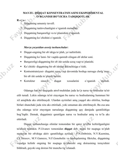 diqqat konsentratsiyasini experimental o‘rganish bo‘yicha tadqiqotlar — DOCX