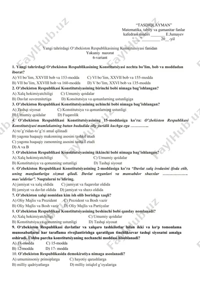 o‘zbekiston respublikasining konstitutsiyasi test sinovi — DOCX