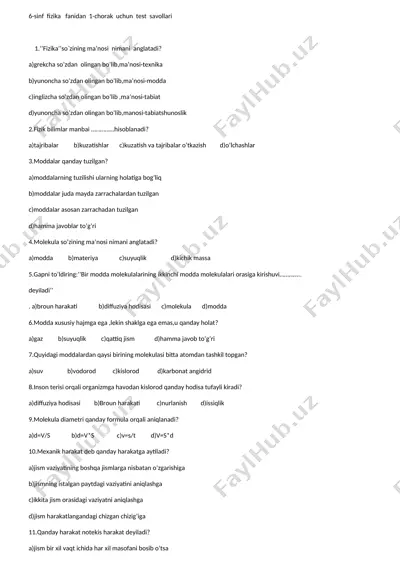 fizika fanidan 1-chorak uchun test savollari — DOC