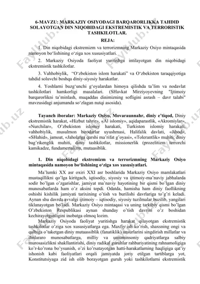 markaziy osiyodagi barqarorlikka tahdid solayotgan din niqobidagi ekstremistik va terroristik tashkilotlar — DOCX