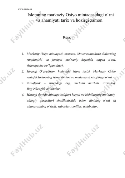 islomning markaziy osiyo mintaqasidagi o`rni va ahamiyati tarix va hozirgi zamon — DOC