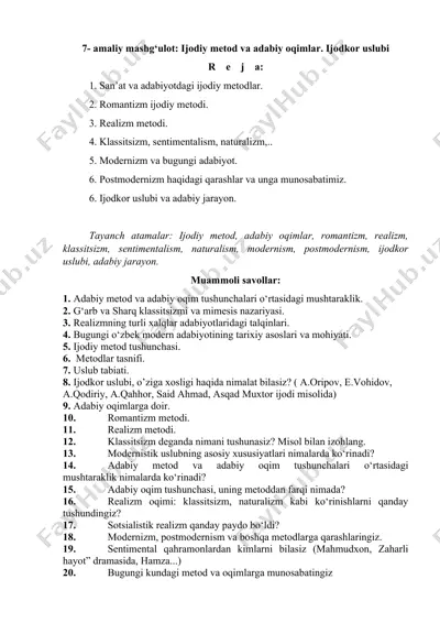 amaliy mashg‘ulot: ijodiy metod va adabiy oqimlar — DOCX
