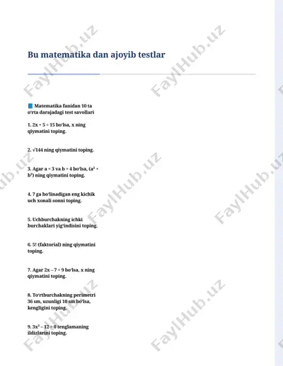 matematikadan testlar — DOCX