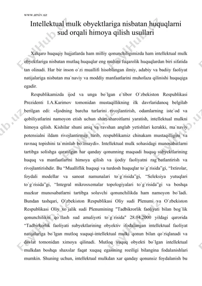 intellektual mulk obyektlariga nisbatan huquqlarni sud orqali himoya qilish usullari — DOC