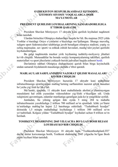 prezident shavkat mirziyoyev tomonidan qurilish loyihalari taqdimoti haqida ma'lumotlar — DOCX
