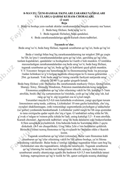 yem-hashak ekinlari zararkunandalar va ularga qarshi kurash choralari — DOCX