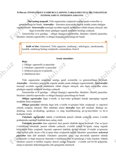 fitopatogen zamburug‘larning tarqalish usullari, parazitlik ixtisoslashuvi — DOCX